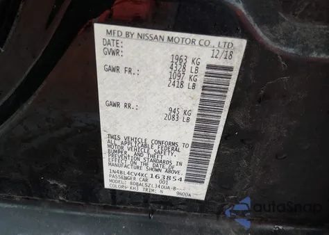 2019 Nissan Altima 2.5 Sr from USA, damaged, VIN 1N4BL4CV4KC163854